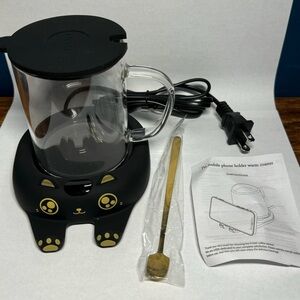Coffee Mug Warmer & Cute Cat Mug Complete Set New Open Box, Black And Gold